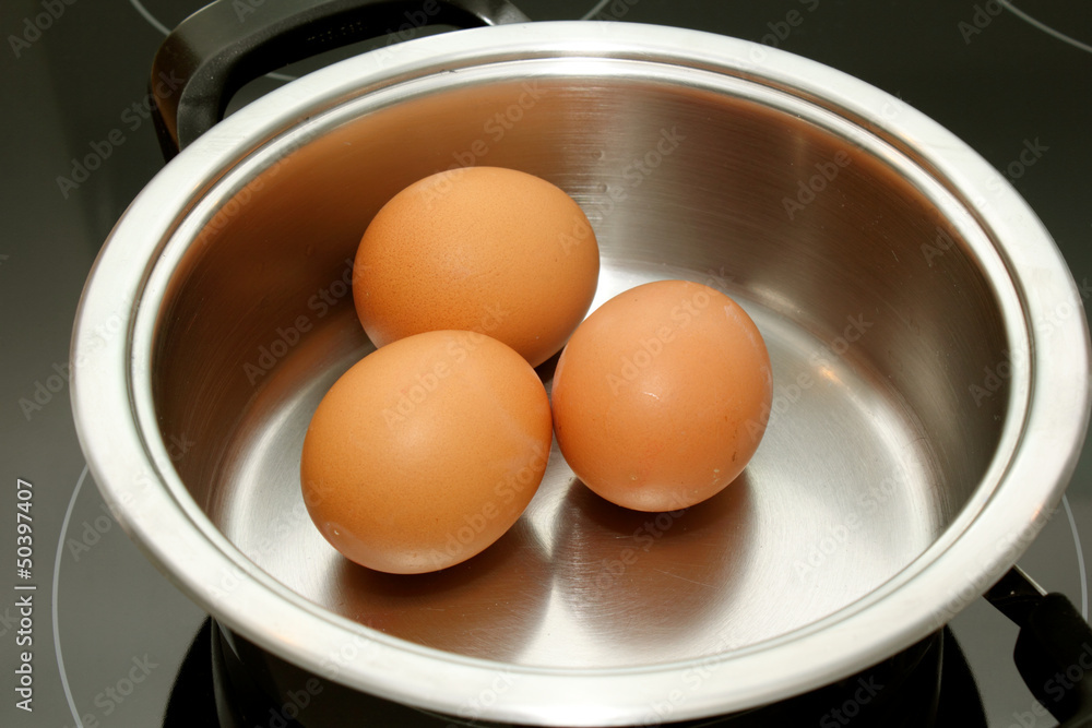 three brown eggs in a pan of water three brown eggs in a pan of water