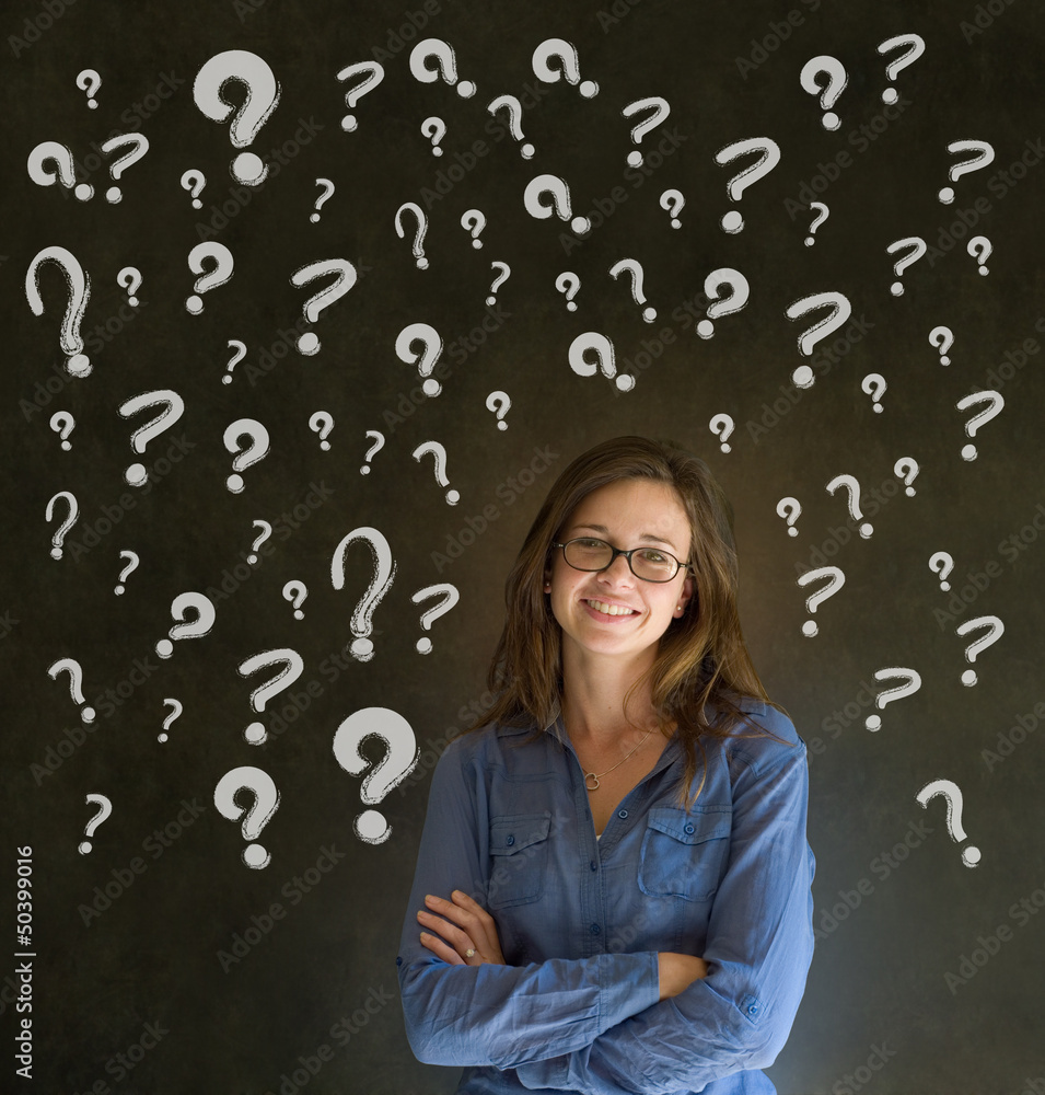 Thinking business woman with chalk question marks Thinking business woman with chalk question marks