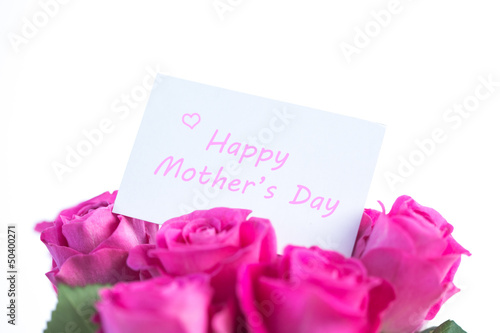 Bouquet of pink roses with happy mothers day card