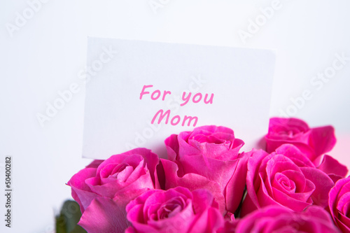 Bouquet of pink roses with mothers day message