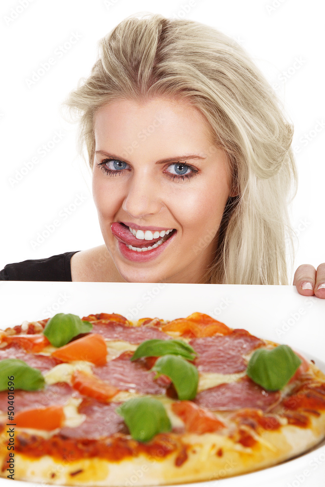 Model Frau Gesicht mit Pizza leckt Zunge Nahaufnahme Model Frau Gesicht mit Pizza leckt Zunge Nahaufnahme