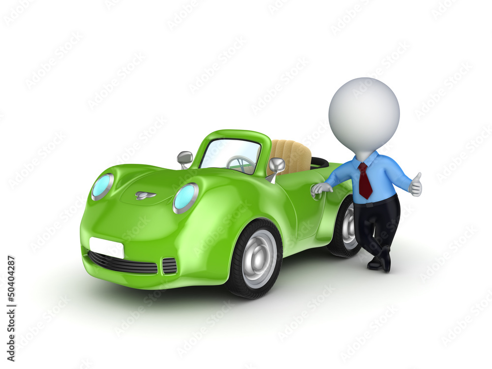 3d small person selling the car. 3d small person selling the car.