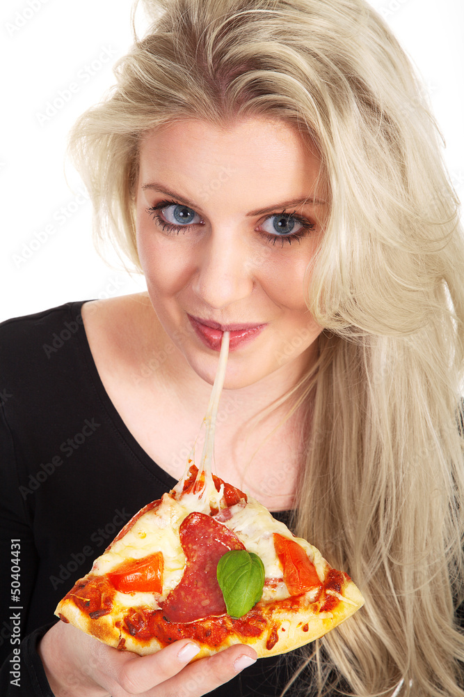 Frau isst Pizza und zieht Käse Plakat Porträt