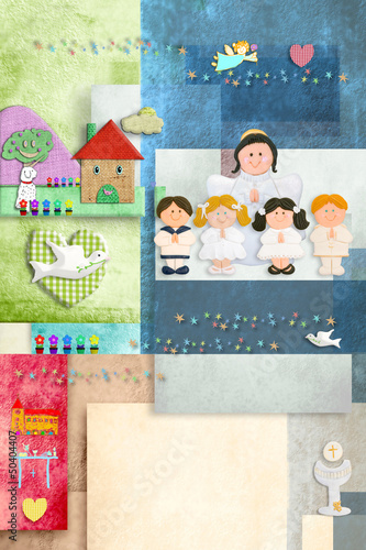 Photography First Communion angel and children  invitation card vertically