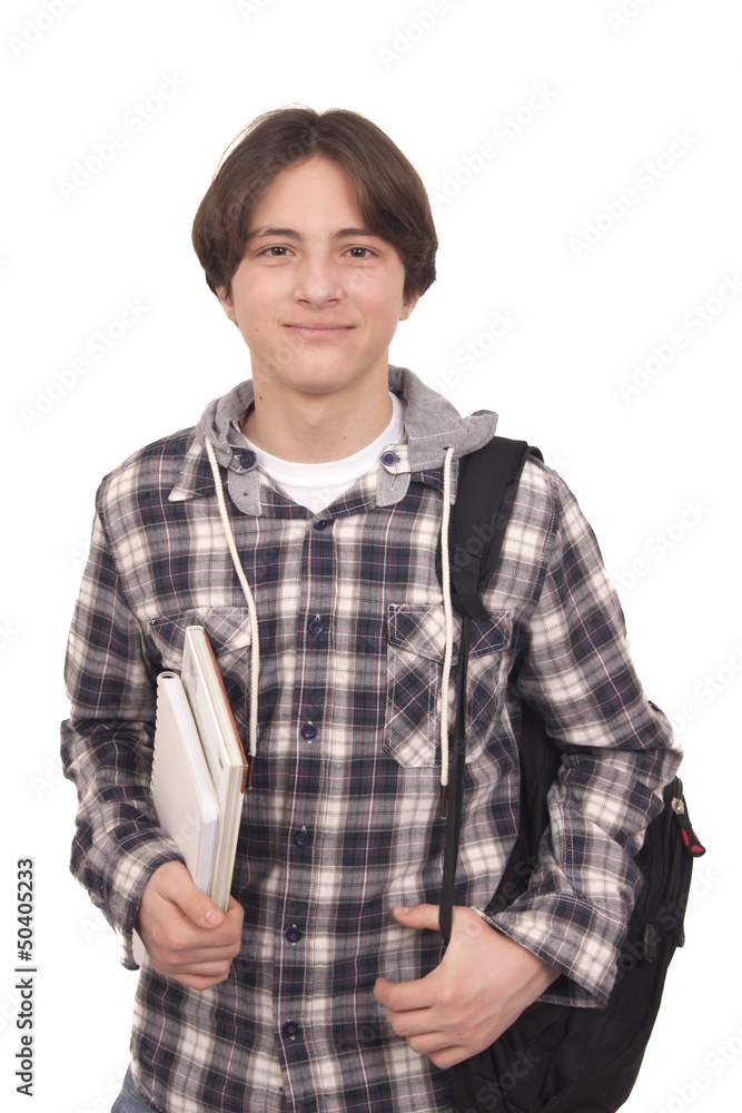 Handsome smiling teenager with bag pack and books Handsome smiling teenager with bag pack and books