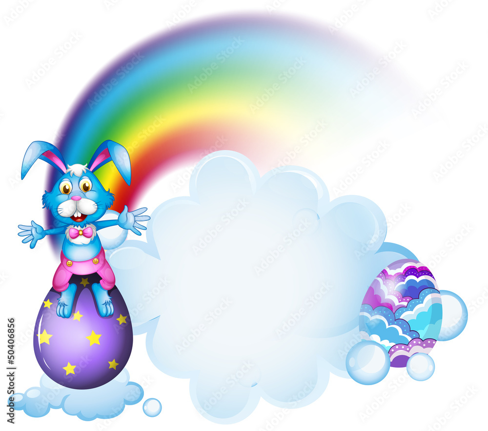 A bunny above the egg near the rainbow A bunny above the egg near the rainbow