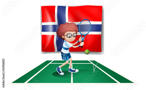 The flag of Norway at the back of the tennis player