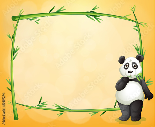 A panda standing at the right side of a bamboo frame