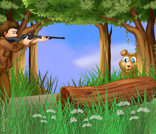 A hunter and a scared bear