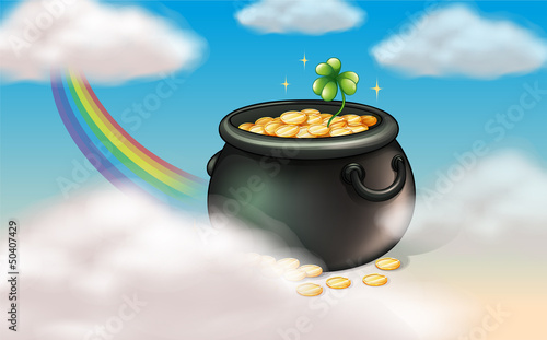 A pot of coins with a clover plant