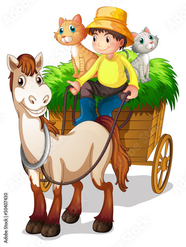 A farmer riding in a strawcart with his farm animals