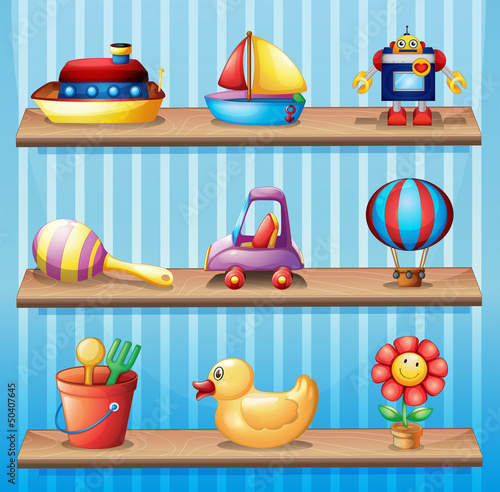 Three wooden shelves with different toys