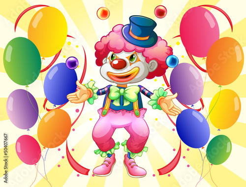 A dozen of colorful balloons with a clown