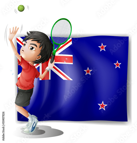 A young tennis player in front of the New Zealand flag