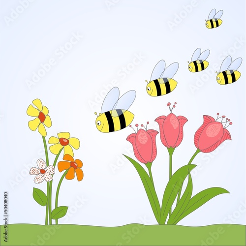 cartoon bees flying over flowers