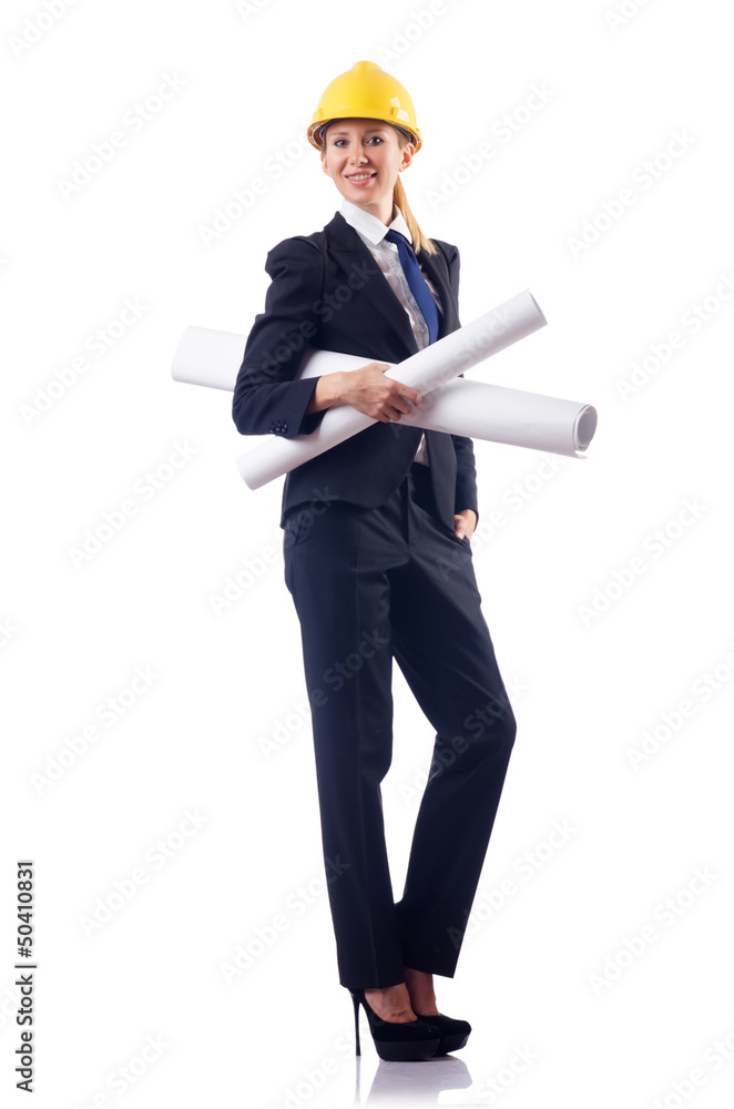 Woman architect with drawings on white Woman architect with drawings on white