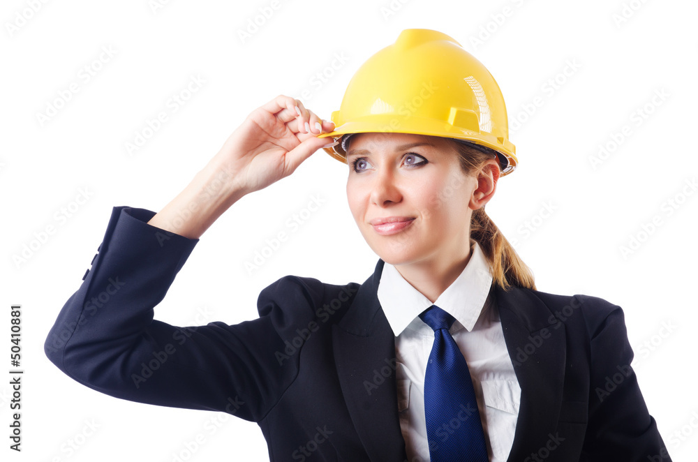 Young businesswoman with hard hat on white Young businesswoman with hard hat on white