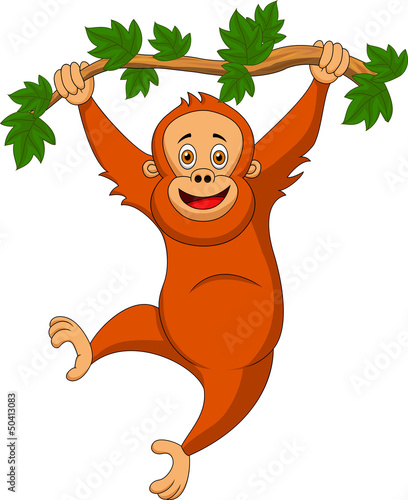 Cute orangutan cartoon hanging on a tree branch
