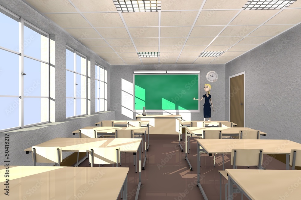 Fototapeta premium 3d render of cartoon character in classroom