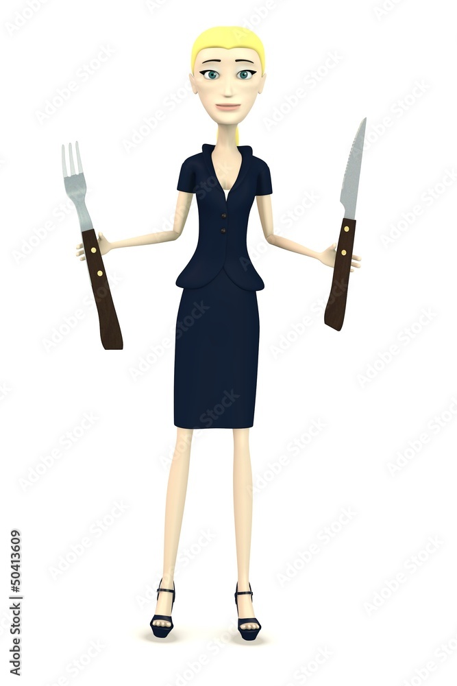 3d render of cartoon character with fork and knife