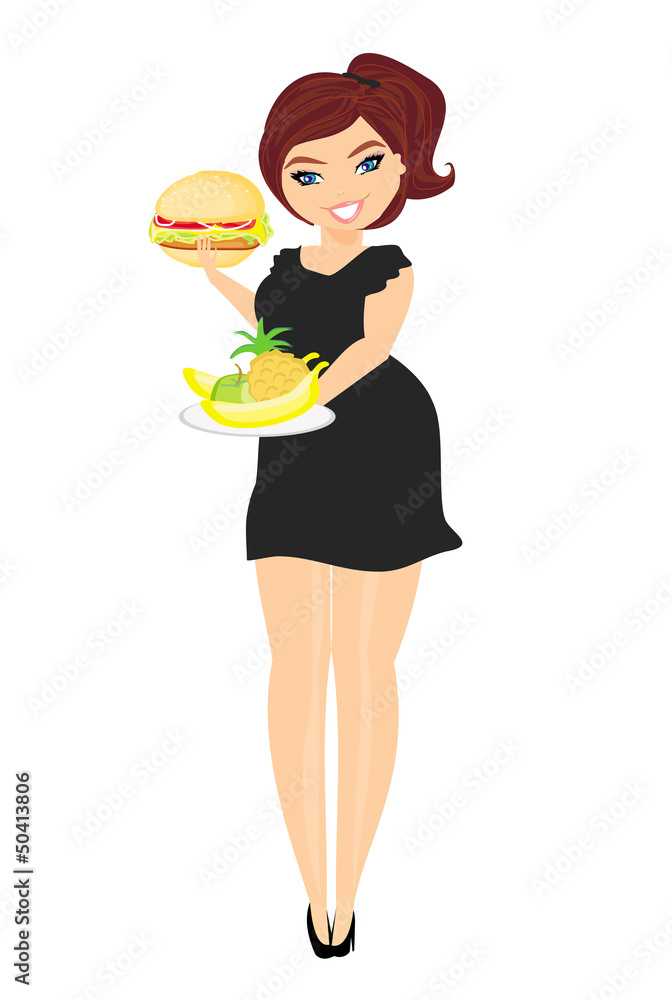 fat woman choosing between fruit and hamburger. Isolated. fat woman choosing between fruit and hamburger. Isolated.