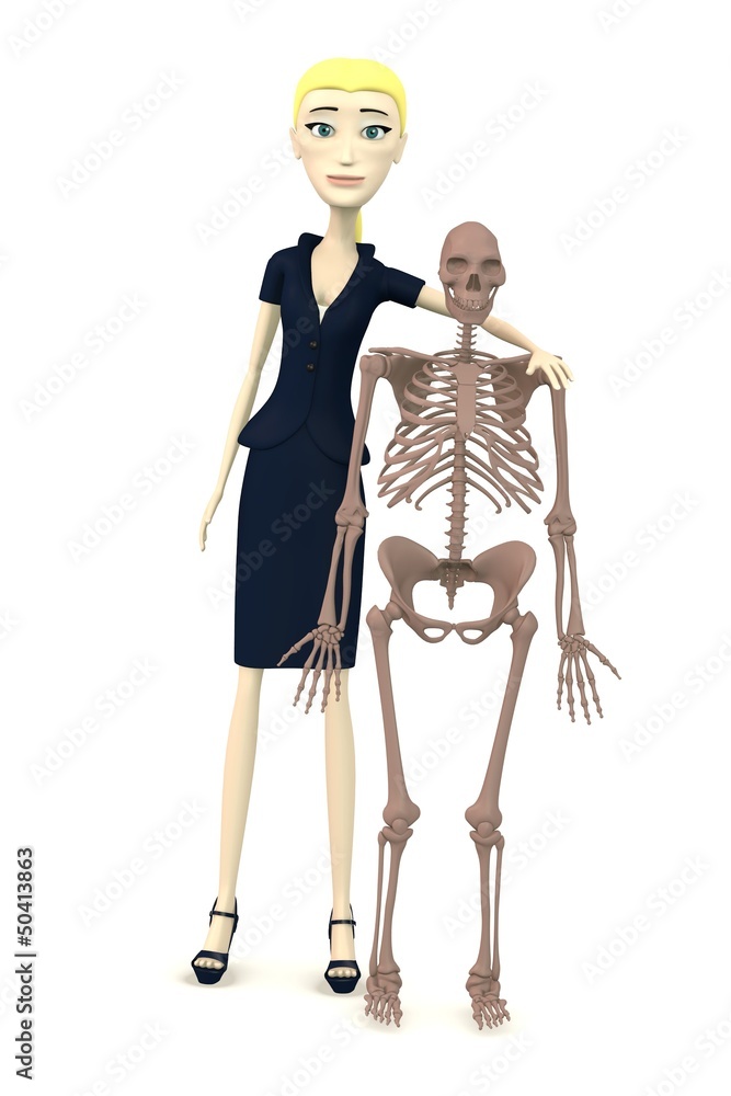 3d render of cartoon character with homo erectus skeleton