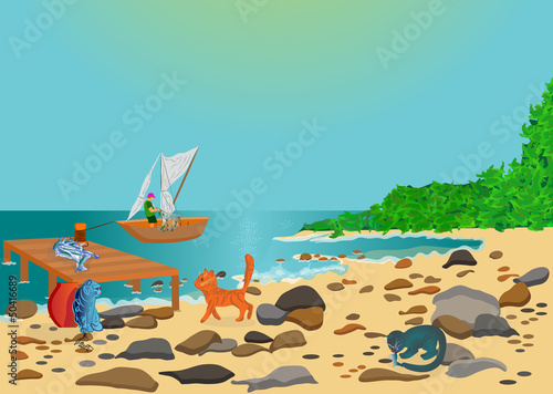 cats on the seashore with boat, fishes, pier on background