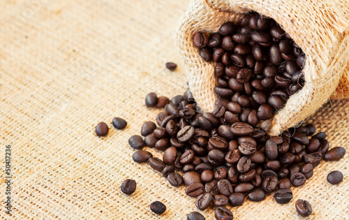 Angle view of roasted coffee beans in jute bag
