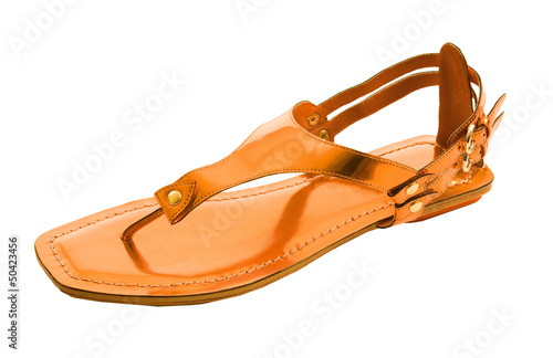 Orange metallized flip flop patent leather sandal isolated on wh