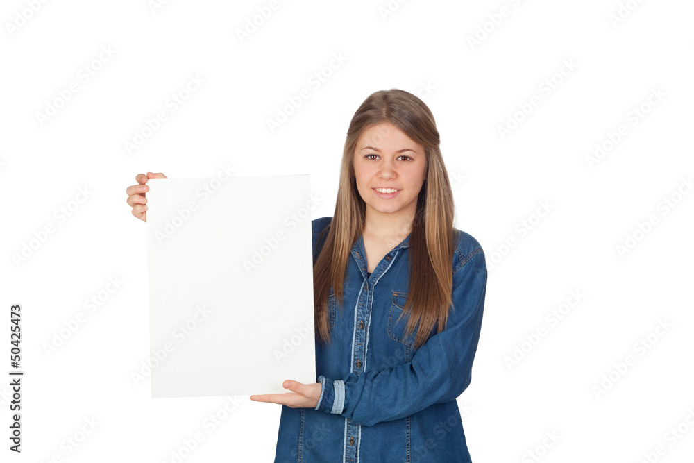 Beautiful young girl holding a blank poster for advertising Beautiful young girl holding a blank poster for advertising