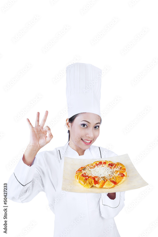 Beautiful chef and delicious pizza Beautiful chef and delicious pizza