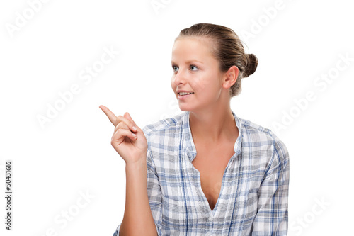 Woman pointing isolated on white background