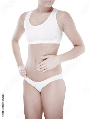 Woman massaging pain stomach isolated on white background