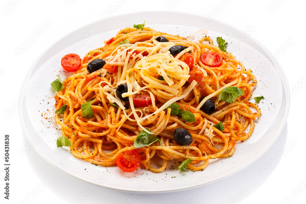Pasta with meat, tomato sauce, parmesan and vegetables Pasta with meat, tomato sauce, parmesan and vegetables