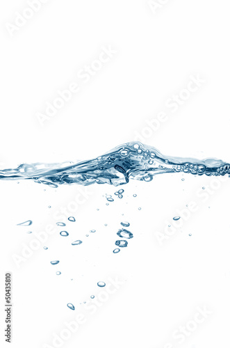 Fresh blue water with bubbles on a white background