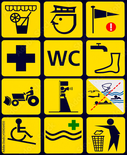 Sign with 12 instuctional icons for public beach