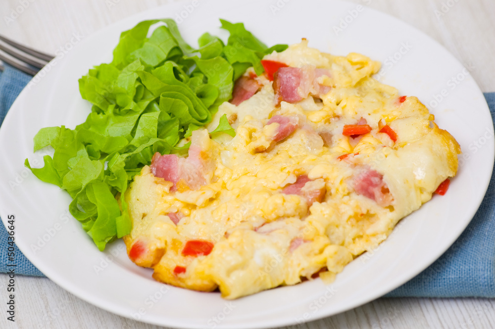 scrambled eggs with bacon, vegetables and cheese scrambled eggs with bacon, vegetables and cheese