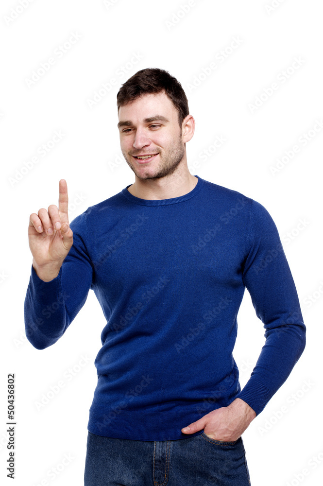 Handsome man pointing or pushing a button Handsome man pointing or pushing a button