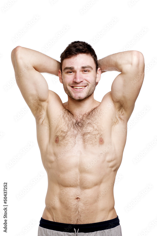 Topless man stood isolated on a white background Topless man stood isolated on a white background