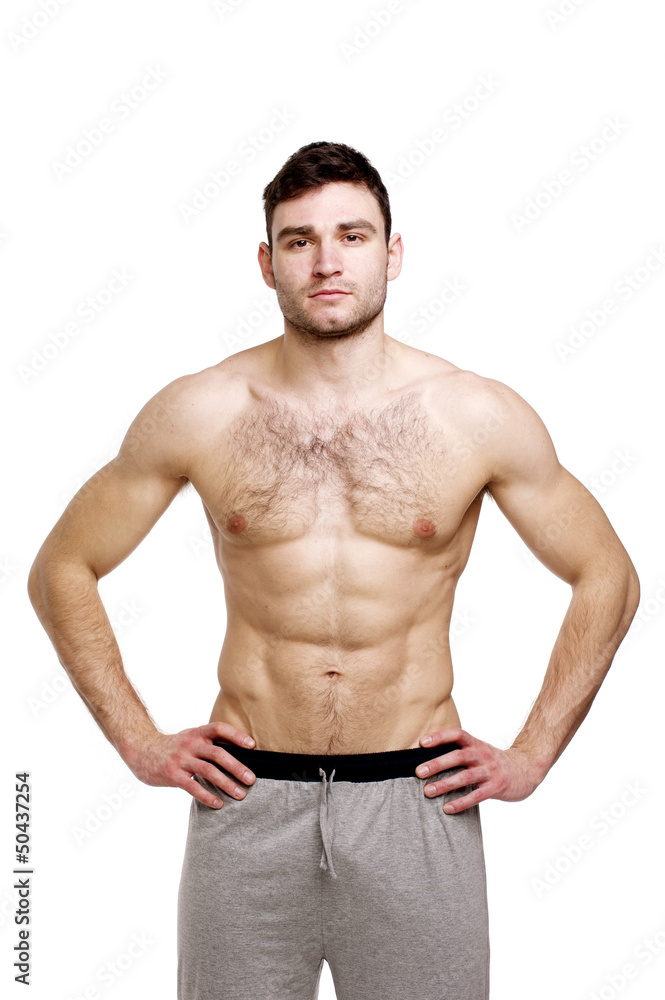 Topless man stood isolated on a white background