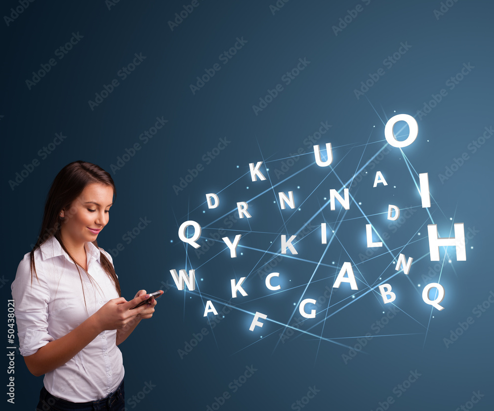 Young woman typing on smartphone with high tech 3d letters commi Young woman typing on smartphone with high tech 3d letters commi
