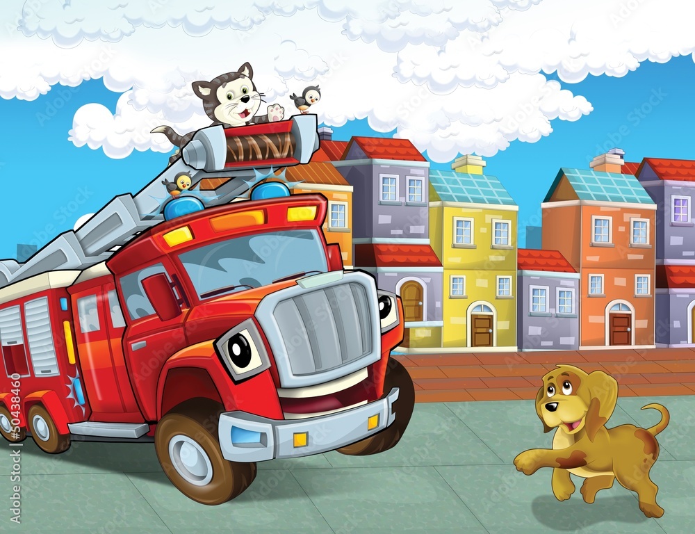 Fototapeta premium Czerwony wóz strażacki - obowiązek - ilustracja dla dzieci