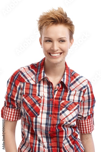 Short hair gingerish woman with a big smile