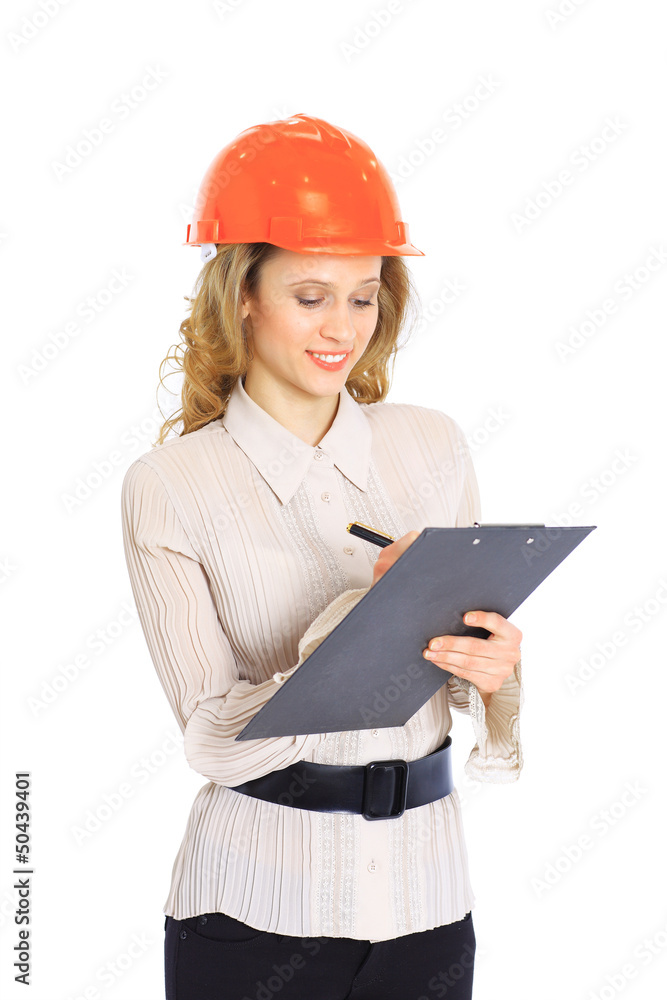 A woman engineer in helmet. A woman engineer in helmet.