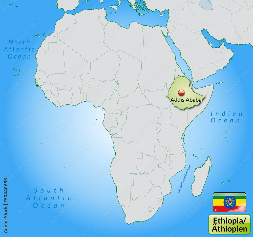 Übersichtskarte Äthiopienvon mit Landesflagge