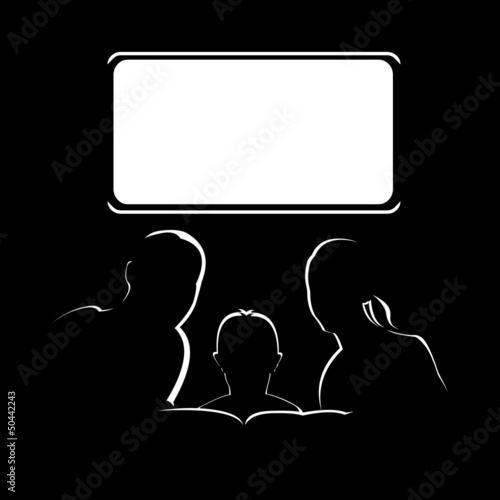 Family watching blank television screen