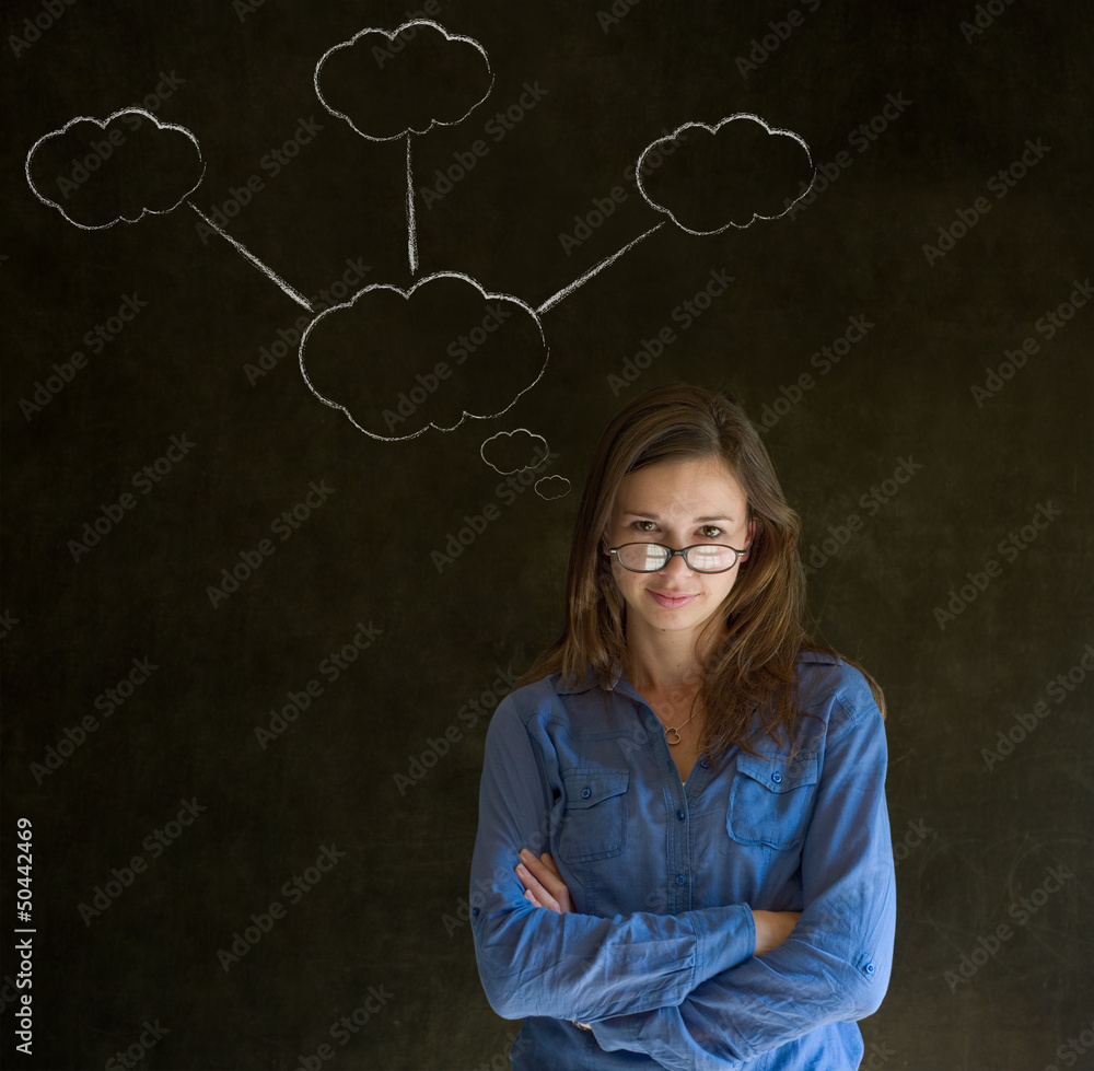 Thinking business woman with chalk cloud thoughts