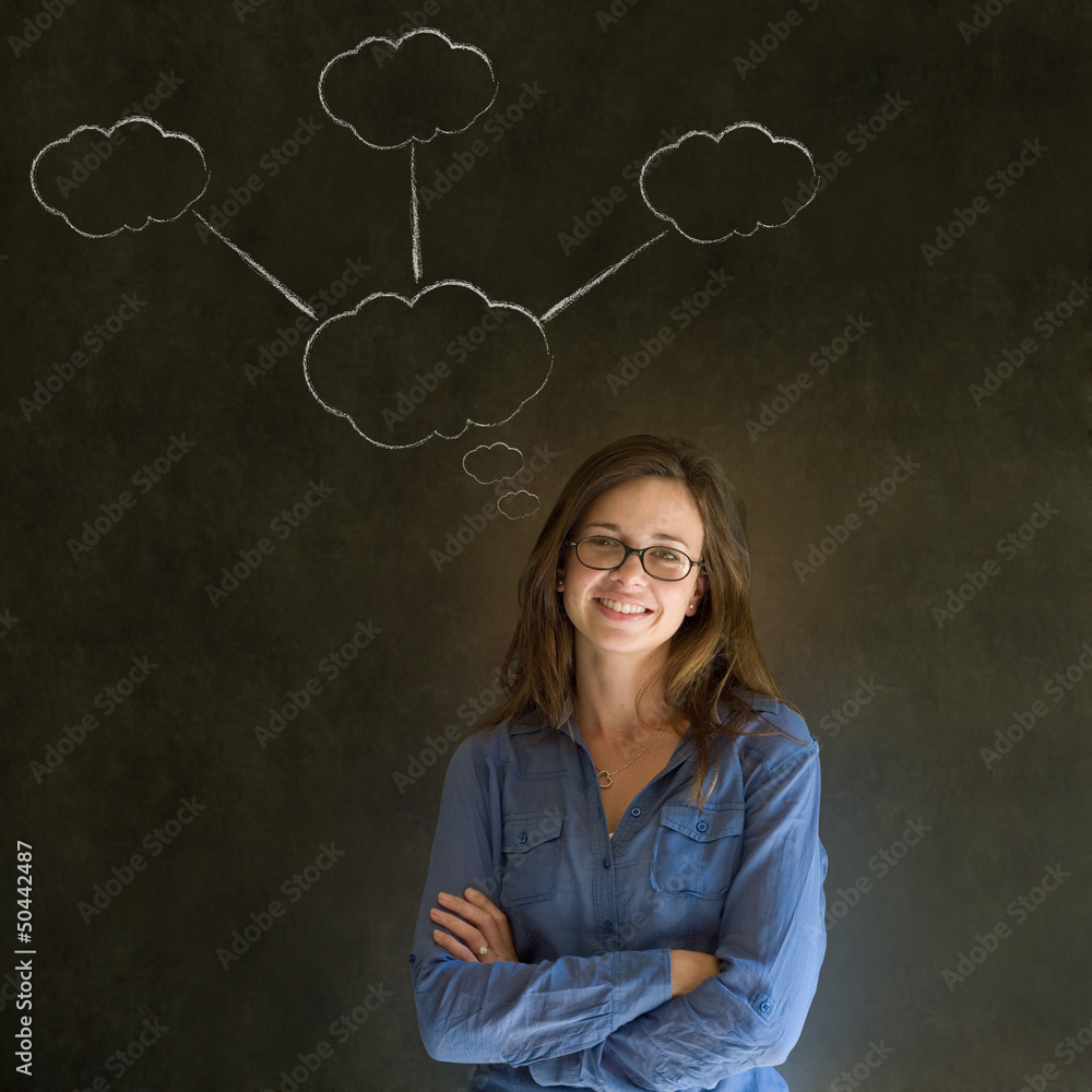Thinking business woman with chalk cloud thoughts Thinking business woman with chalk cloud thoughts