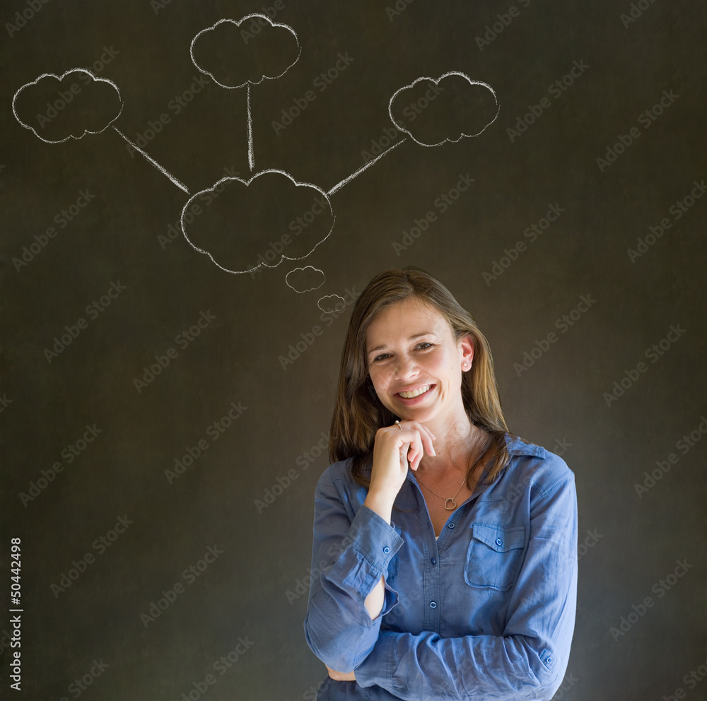 Thinking business woman with chalk cloud thoughts Thinking business woman with chalk cloud thoughts