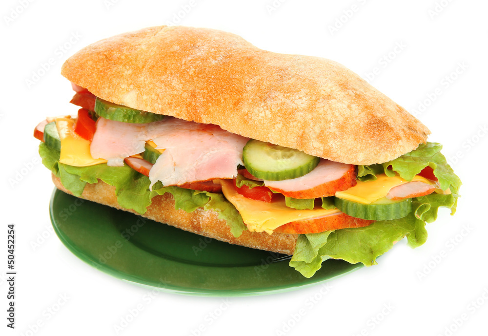 Fresh and tasty sandwich with ham and vegetables isolated Fresh and tasty sandwich with ham and vegetables isolated